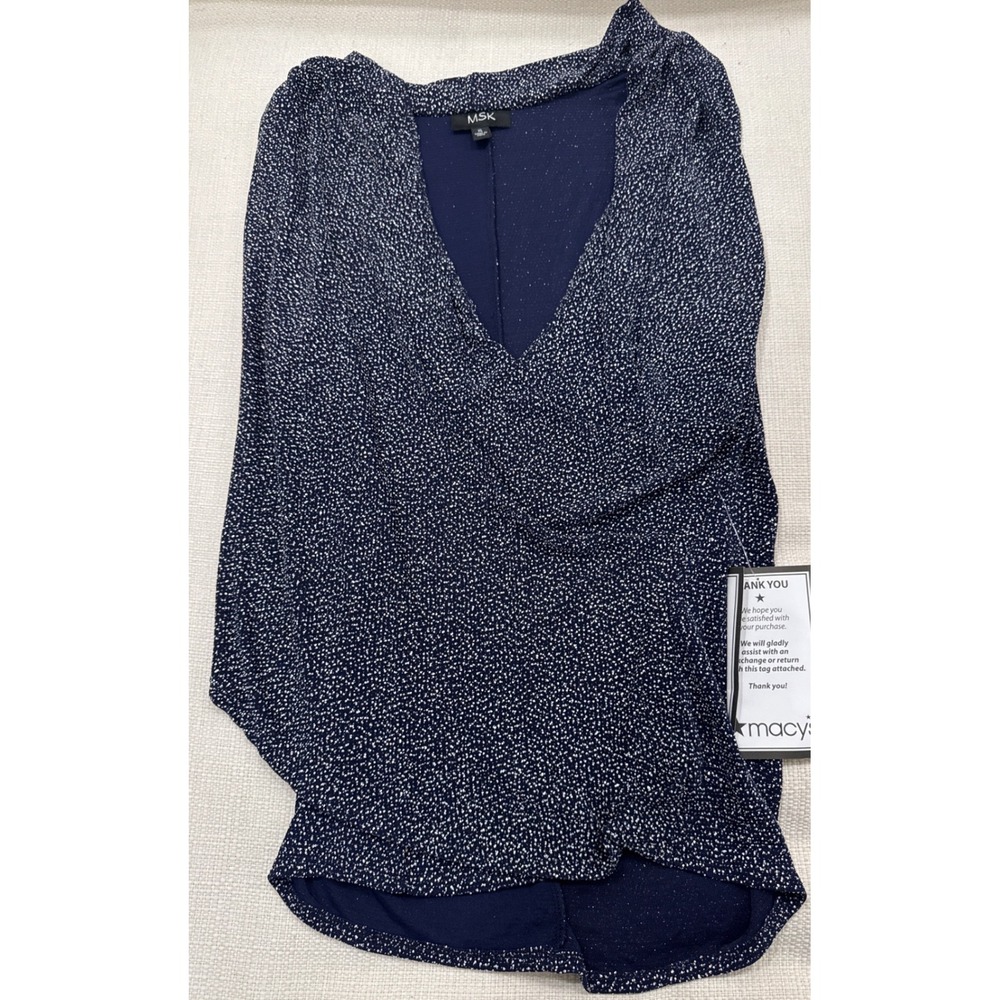 MSK Blouse Womens XL Navy Blue Metallic Dot Surplice V-Neck NWT